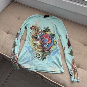 Christian Audigier Light Blue Rhinestone Skull Thermal Long Sleeve Shirt